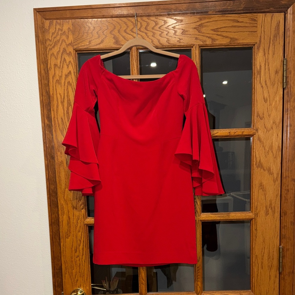 Boston Proper- Elegant Red Ruffle Sleeve Dress